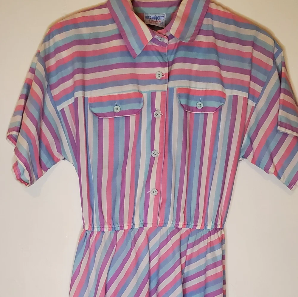 Pink Bubblegum White, Blue and Purple Striped 80s Short Sleeve Shirt Dress - Picture 12 of 15